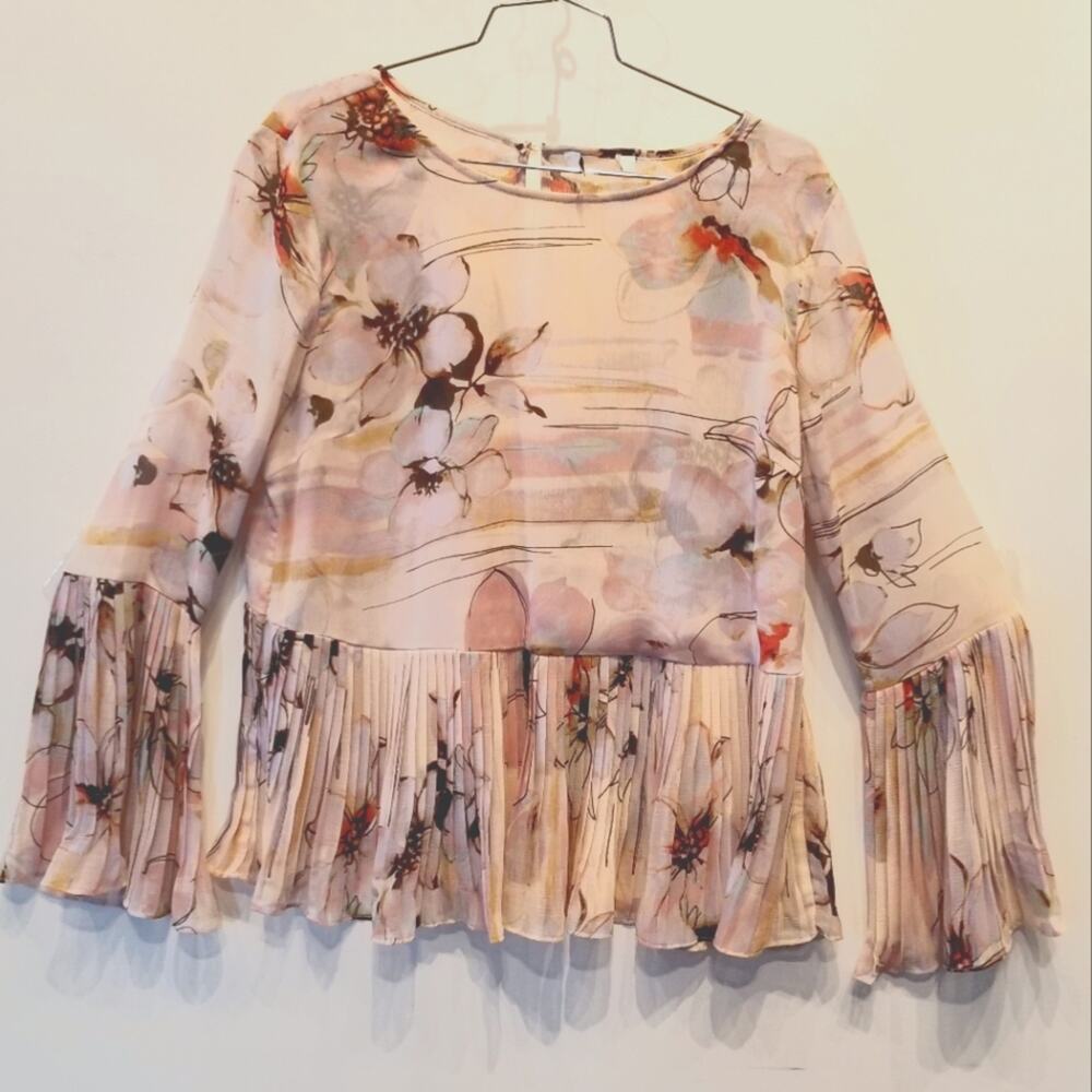 Sioni Floral Sheer Blouse Pleated‎ Layered Romantic Bell Sleeves Size L